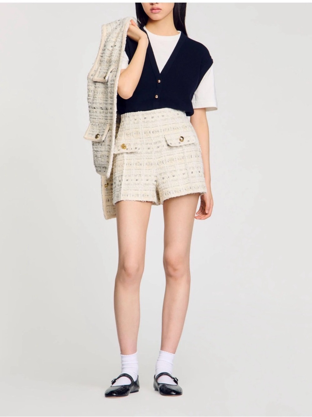 SANDRO Tweed High-Waist Shorts in cream size 36